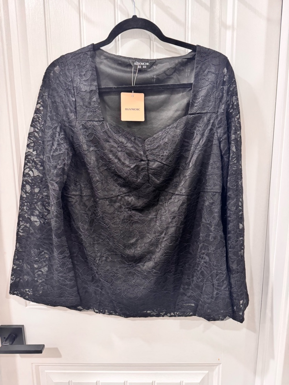 BloomChic Black Lace Cowl-Neck Long Sleeve Blouse